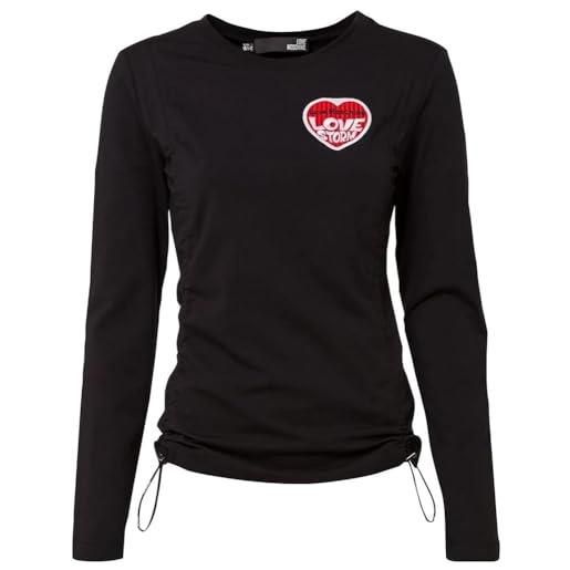 Love Moschino tight t-shirt long sleeves sides curled by logo elastic drawstring and with embroidered love storm heart patch, black, 40 da donna