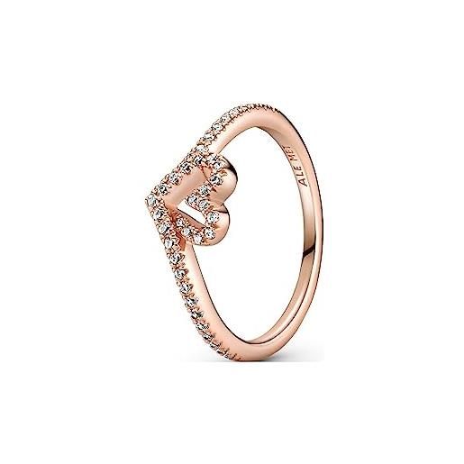 Pandora anello wishbone con cuore brillante placcato in oro rosa 14 carati con zirconi cubici trasparenti, 48