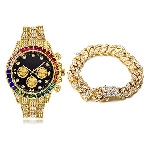 HALUKAKAH orologio d'oro con diamanti multicolore, uomo placcato oro 18 carati plated 40mm larghezza nero quadrante quartz 21cm con catena cubane20cm bracelet, confezione regalo gratuita