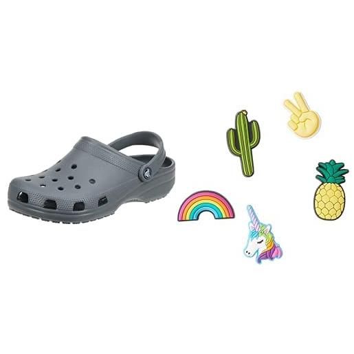 Crocs classic, zoccoli unisex - adulto, grigio (slate grey), 39/40 eu + shoe charm 5-pack, decorazione di scarpe, fun trend