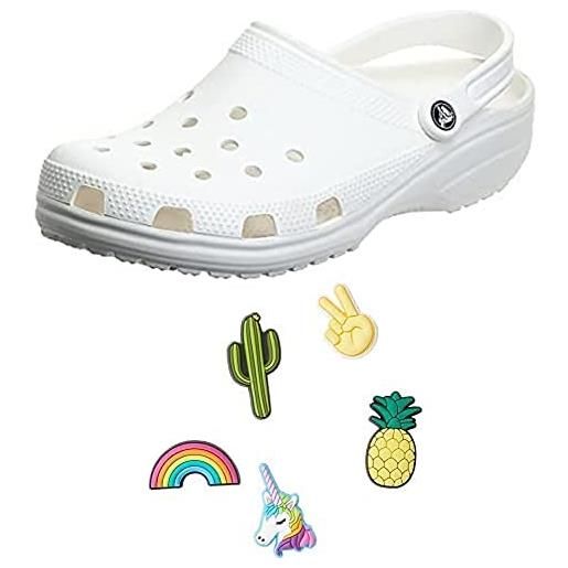 Crocs classic clog unisex, adulto sabot, zoccoli, bianco (white 100), 39/40 eu + unisex's fun trend 5-pack shoe charms, personalize with jibbitz, multicolor, s