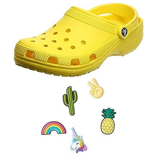 Crocs classic clog unisex, adulto sabot, zoccoli, giallo (lemon_7c1), 46/47 eu + unisex's fun trend 5-pack shoe charms, personalize with jibbitz, multicolor, s