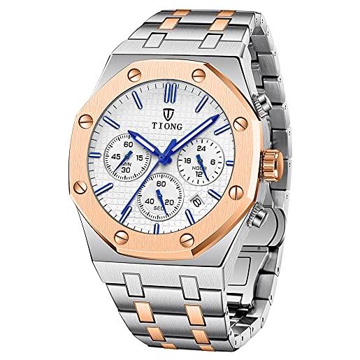 Alwesam orologio da uomo con cinturino in acciaio al quarzo bianco rosa, orologio da uomo, 6 poli, impermeabile, colore bianco, cx948g-rosa bianco