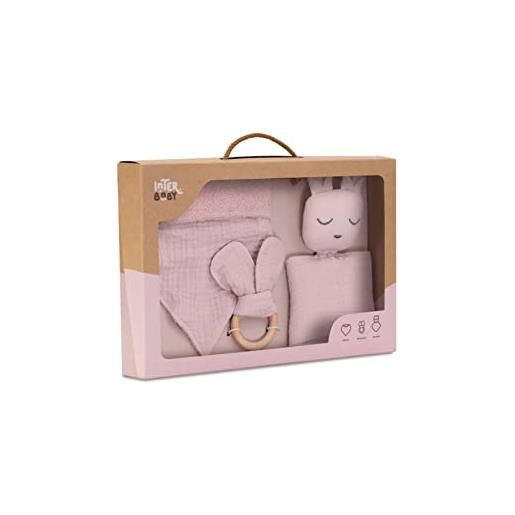 Interbaby baby set: doudou, bavaglino bandana, massaggiagengive in mussola - orso rosa chiaro