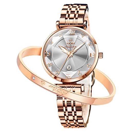 Fate Love orologi da donna uk bracciale set regalo orologi da polso per donna quarzo oro rosa acciaio inossidabile verde designer femminile, quadrante bianco. 
