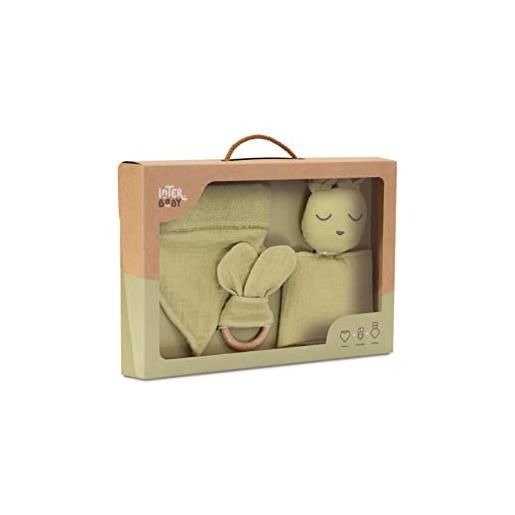 Interbaby baby set: doudou, bavaglino bandana, massaggiagengive in mussola - orso verde