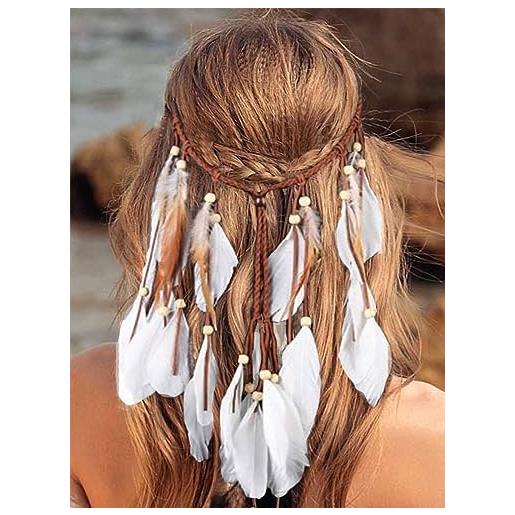 Yean fascia in piuma boho hippie copricapo con nappe a mano, con piume bianche, accessorio per gioielli per donne e ragazze
