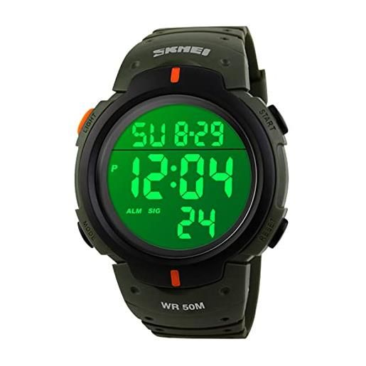VenSten orologio digitale da uomo, impermeabile, 50 m, per il tempo libero, per attività all'aria aperta, con cronometro sveglia, funzionamento con led, orologio digitale da uomo. , verde militare, 