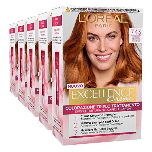 L'Oréal Paris excellence creme tinta capelli permanente colorazione triplo trattamento 100% copertura capelli bianchi illuminante protettiva nutriente colore 7.43 biondo ramato dorato - 5 confezioni