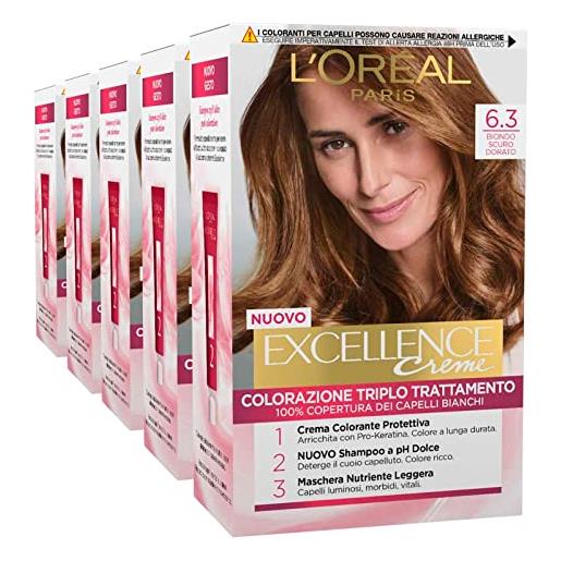 L'Oréal Paris excellence creme tinta capelli permanente colorazione triplo trattamento 100% copertura capelli bianchi illuminante protettiva nutriente colore 6.3 biondo scuro dorato - 5 confezioni