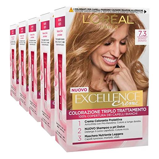 L'Oréal Paris excellence creme tinta capelli permanente colorazione triplo trattamento 100% copertura capelli bianchi illuminante protettiva nutriente colore 7.3 biondo dorato - 5 confezioni