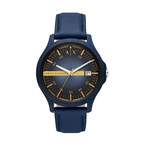 Armani Exchange orologio da uomo a tre lancette, cassa in acciaio inossidabile blu, 46 mm con cinturino in pelle, ax2442
