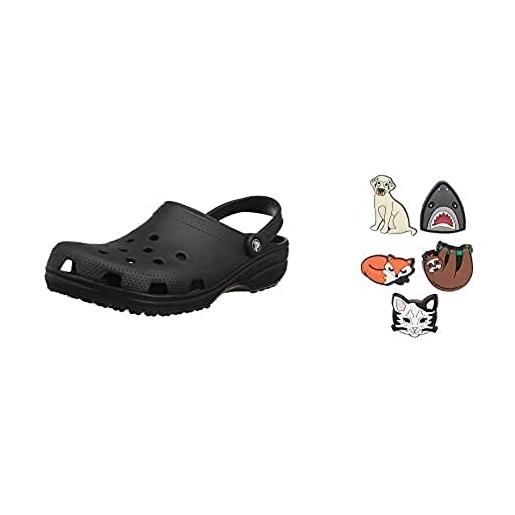 Crocs classic clog unisex, adulto sabot, zoccoli, nero (black), 37/38 eu + decorazione scarpe 5 pezzi, personalizza con jibbitz unisex, animal lover, one-size