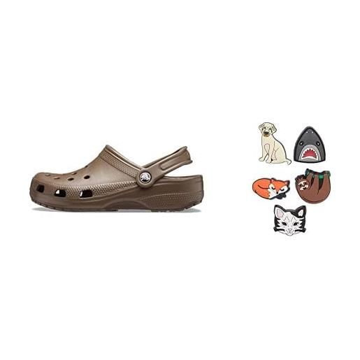 Crocs classic, zoccoli unisex - adulto, marrone (chocolate), 36/37 eu + shoe charm 5-pack, decorazione di scarpe, animal lover