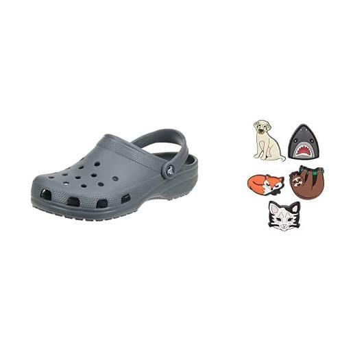 Crocs classic, zoccoli unisex - adulto, grigio (slate grey), 42/43 eu + shoe charm 5-pack, decorazione di scarpe, animal lover