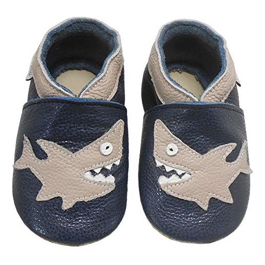 Bemesu scarpe striscianti per bambini primi passi pantofole in pelle pantofole per bambini in morbida pelle per ragazze e ragazzi squalo nero (s, eu 18-19)