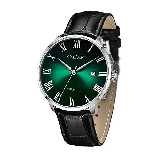 CADISEN orologio automatico da uomo meccanico automatico cinturino in pelle genuino orologio casual impermeabile per gli uomini, verde