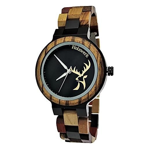 Holzwerk Germany® orologio da donna realizzato a mano in legno ecologico con cinturino in legno marrone nero zebrato analogico al quarzo con motivo cervo
