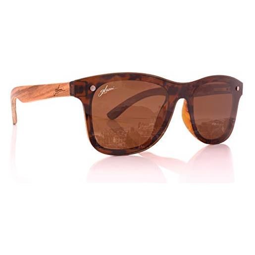 glozzi occhiali da sole legno per uomo e donna con lenti polarizzate uv400 aste in legno e custodia in sughero - (blu a specchio - ebano)