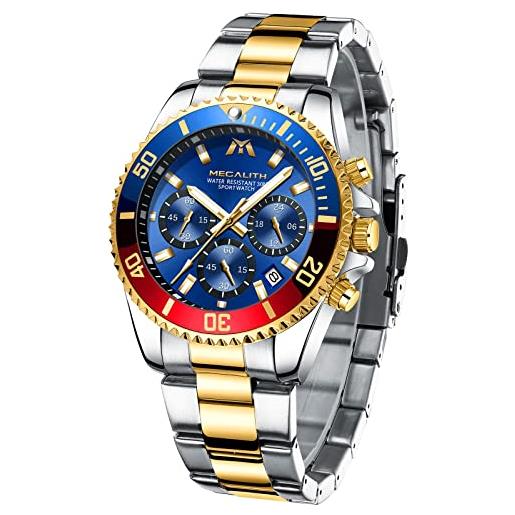 MEGALITH orologio uomo acciaio oro cronografo orologi da polso quadrante blu impermeabile analogico orologio luminoso data