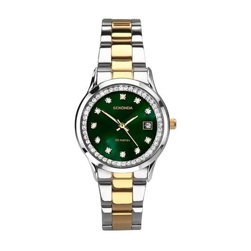 Sekonda orologio al quarzo donna, misura cassa 30.00mm con quadrante verde analogico e cinturino multicolore in acciaio inossidabile 40295
