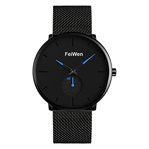FeiWen orologio uomo fashion minimalismo analogico quarzo casual acciaio inox orologi da polso quadrante piccolo (blu)