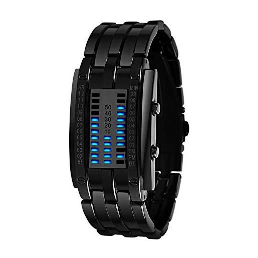 FeiWen fashion casual binario orologi da polso da uomo e donna rettangolare acciaio inox quadrante blu led luce data digitali sportivi orologio, argento (donna)
