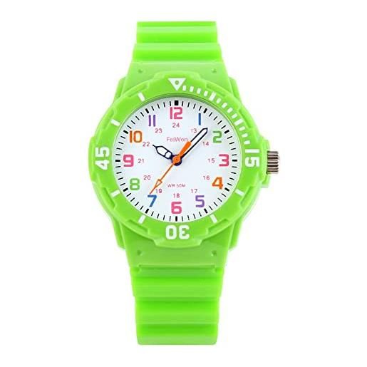 FeiWen fashion semplice verde plastica cassa e gomma banda analogico quarzo 50m impermeabili orologi da polso da bambino cartoon multicolore quadrante rotante orologio