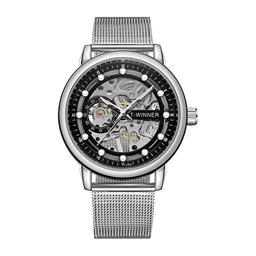 Forsining orologio da uomo vintage meccanico con cinturino magnetico cronografo impermeabile con quadrante scheletro, 3-argento, bracciale
