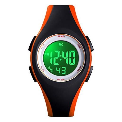 FeiWen orologio bambino 50m impermeabili outdoor digitali sportivi plastica cassa e gomma banda multifunzione led elettronico orologi da polso (arancio)