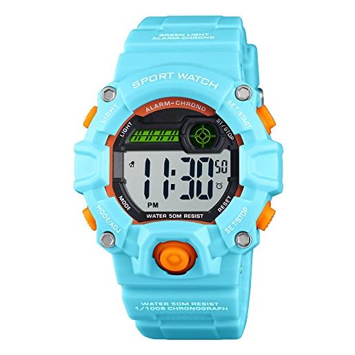 FeiWen orologio da ragazzo ragazza 50m impermeabili led elettronico doppio tempo allarme cronometro outdoor militare sportivo digitale orologi plastica cassa e gomma banda (blu chiaro)