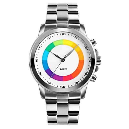 FeiWen uomo fashion casual acciaio inox orologi multicolore elettronico led luce digitale sportivo analogico quarzo orologio da polso (argento)