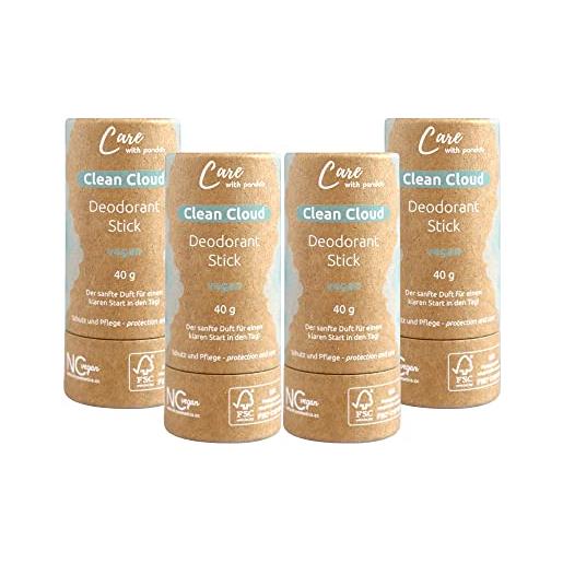 pandoo clean cloud deodorant stick 40 g | 100% naturale, vegano e senza plastica, deodorante | penna deodorante | senza plastica (confezione da 4)