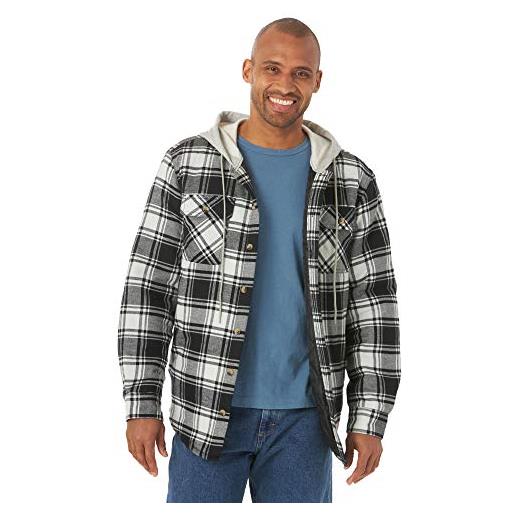 Wrangler Authentics men's long sleeve quilted lined flannel shirt jacket with hood, caviar with black hood, m