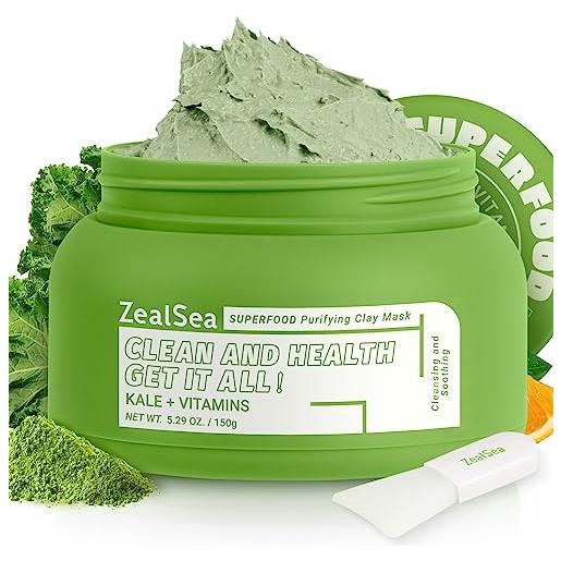 Zealsea maschera viso di argilla purificante idratante - maschera argilla verde con superfoods vitamina c/e, pulisce profondità, restringe pori, controllo olio, migliorare acne -150ml