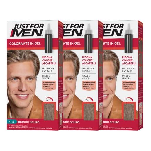 Just for men colorante in gel, tinta capelli uomo, colore biondo scuro, copre i capelli bianchi e grigi - h15 (3 pack)