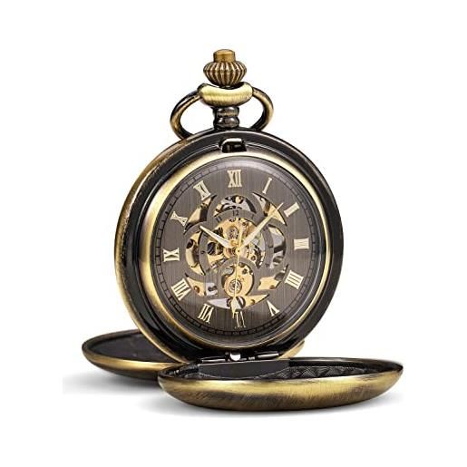 ManChDa orologio da tasca da uomo classico meccanico a carica manuale steampunk numeri romani orologio da taschino per uomo donna con catena + confezione regalo, 1. Bronzo, antico