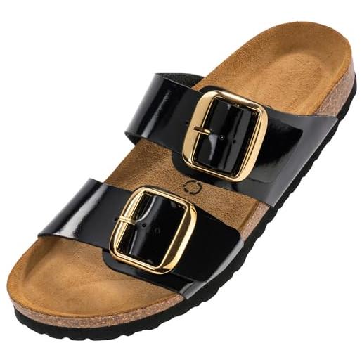 Palado pantofole da donna samos egs - scarpe con cinghie regolabili - outdoor & pantofole con suola in pregiata pelle scamosciata - sandali con plantare in sughero naturale, laccato liscio nero oro, 