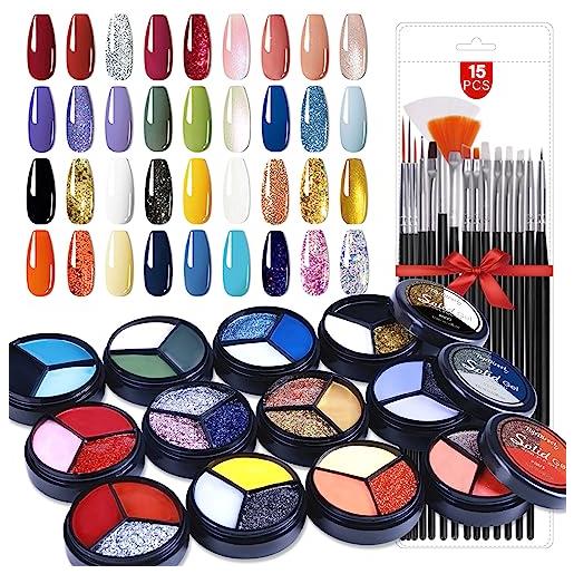 TopDirect 36 colori smalto per unghie in gel solido, TopDirect 3 in 1 kit per nail art, smalto per unghie uv con 15 pennelli
