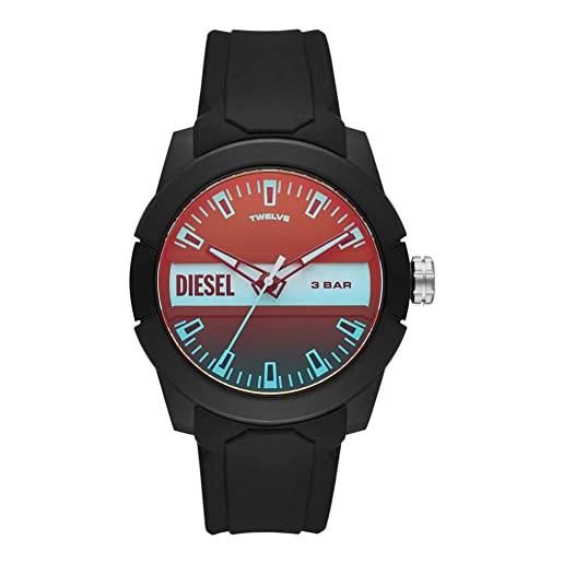 Diesel orologio double up da uomo, movimento a tre lancette, cassa in nylon nero 43 mm con cinturino in silicone, dz1982