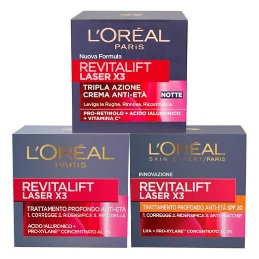 L'Oréal Paris kit revitalift laser x3 con pro-xylane 1x trattamento prodondo anti-età 1x crema maschera notte anti-età 1x trattamento profondo anti età spf20-3 prodotti