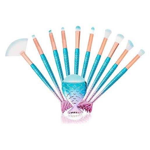 MengH-SHOP set di pennelli trucco professionale spazzole per bellezza a forma di sirena multicolore cosmetiche pennello per fondotinta, crema in polvere, fard, ombretto, sopracciglio, 11 pezzi