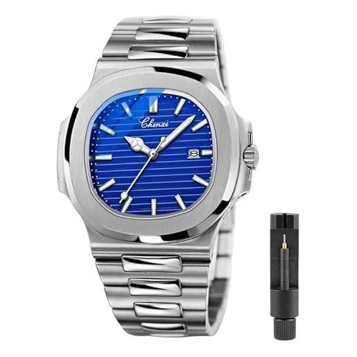 Tiong orologio da uomo di design ottagonale quadrato irregolare argento, orologio al quarzo luminoso impermeabile degli uomini, orologio da donna in acciaio inossidabile blu argento