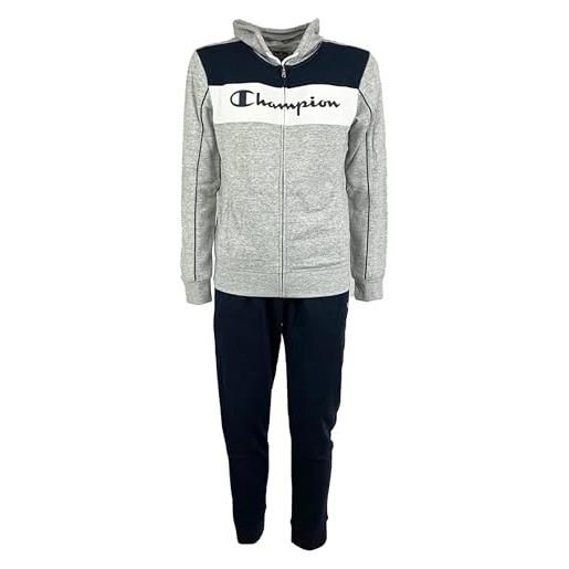 Champion legacy sweatsuits powerblend terry color block hooded, tuta sportiva uomo, (grigio melange/blu marino), m