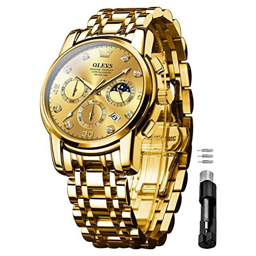 OLEVS orologi da uomo oro blu regali acciaio inossidabile orologio impermeabile luminoso casual elegante uomo con diamante viso business quarzo orologio da polso, 2889-oro, bracciale