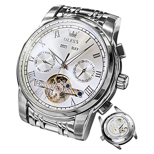 OLEVS orologio da uomo automatico oro nero orologio meccanico con calendario tourbillon impermeabile luminoso bicolore, argento/bianco