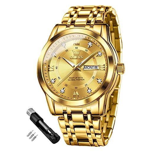 OLEVS orologi da uomo oro blu acciaio inossidabile orologio da uomo con diamante viso al quarzo impermeabile casual elegante regalo, oro, bracciale