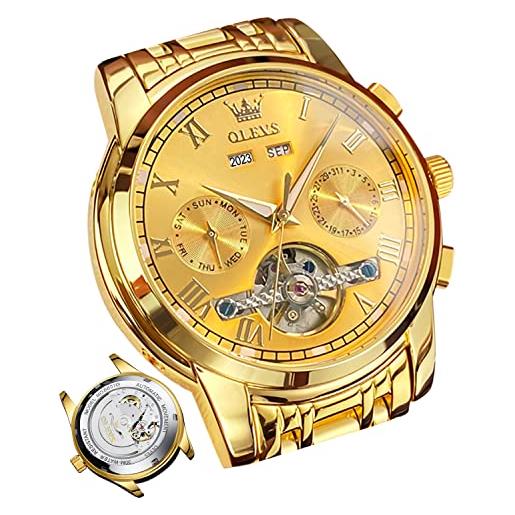 OLEVS orologio da uomo automatico oro nero orologio meccanico con calendario tourbillon impermeabile luminoso bicolore, oro, bracciale