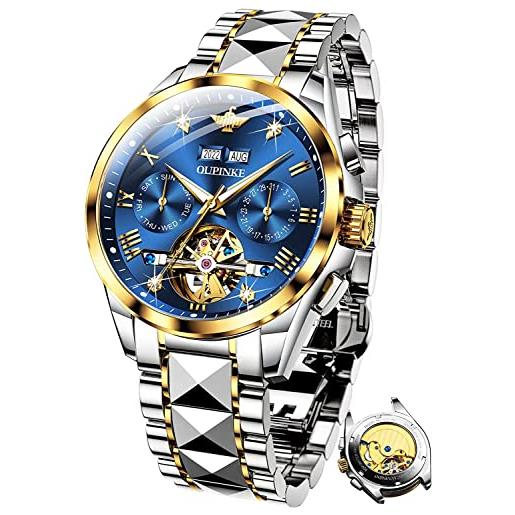 OUPINKE orologi da uomo automatici meccanici auto-carica scheletro lusso cristallo zaffiro diamante acciaio tungsteno impermeabile business abito orologi regali, blu/oro