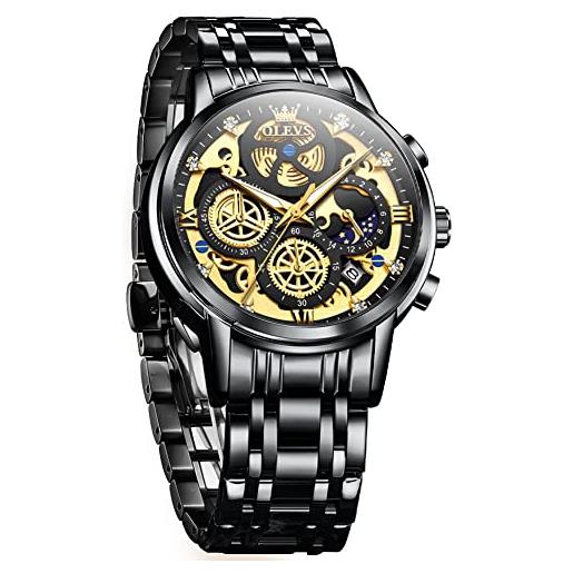 OLEVS orologi da uomo in acciaio inox, con cronografo al quarzo giapponese, con viso luminoso, impermeabile, alla moda, casual, da affari, nero , bracciale